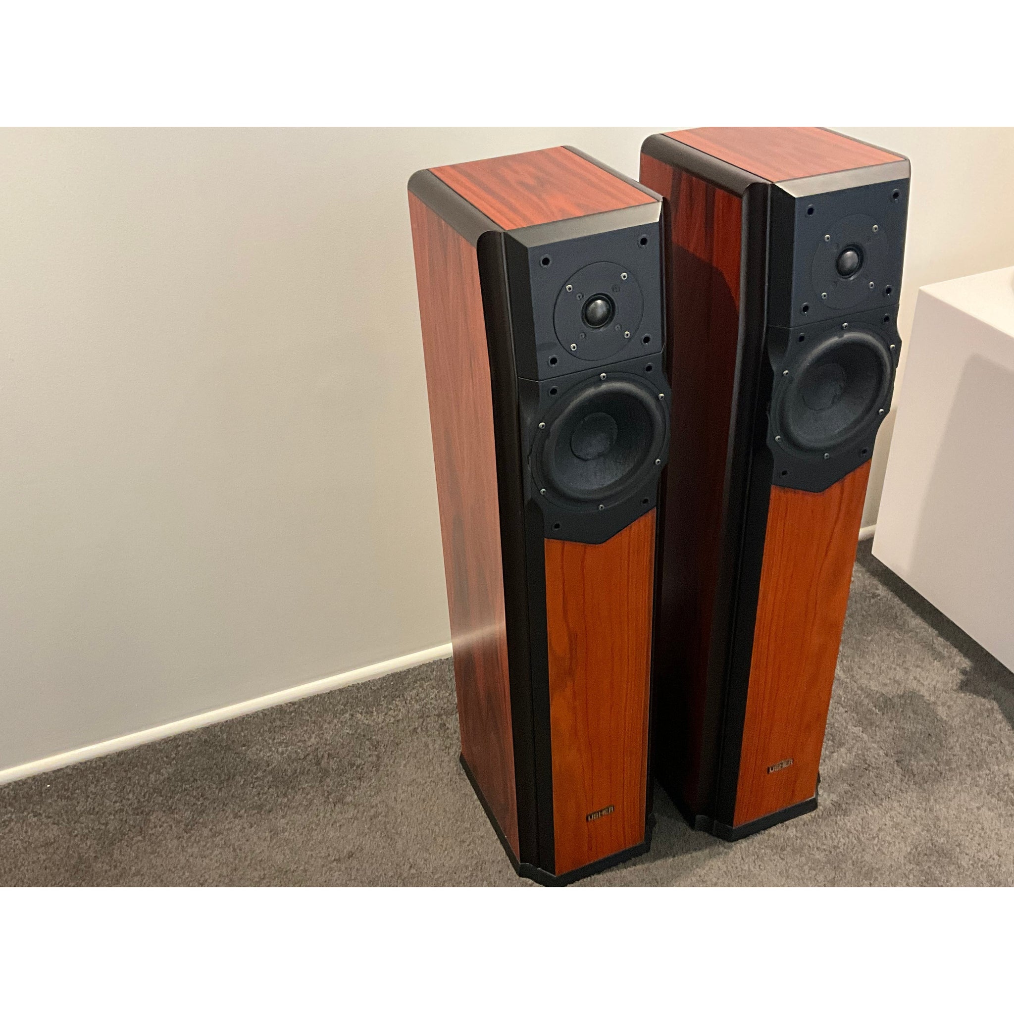Usher Compass CP 730 Tower Speakers in rosewood/black. Pre Loved
