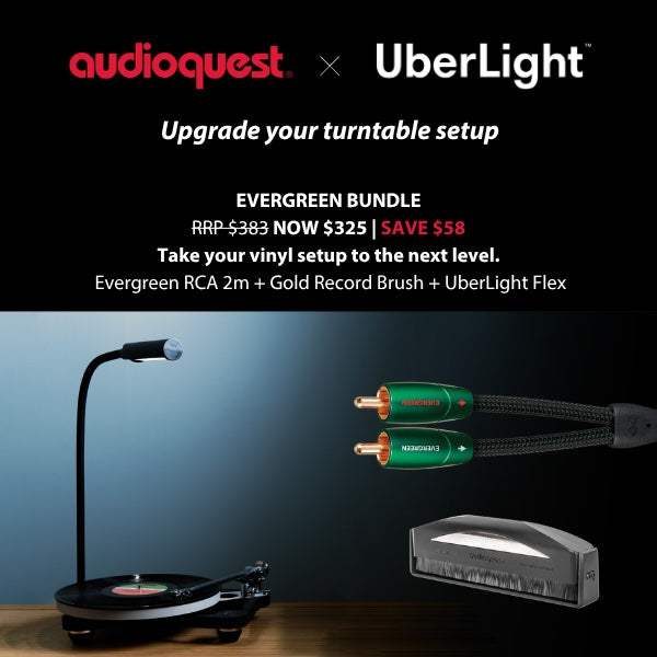 AudioQuest x UberLight Evergreen Bundle: Evergreen RCA 2m, Gold Record Brush and UberLight Flex. RRP $383, now $325, save $58.