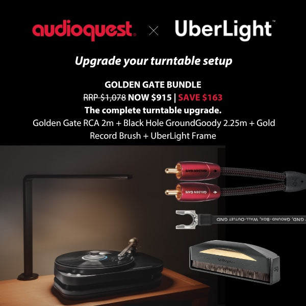 AudioQuest x UberLight Golden Gate Bundle: Golden Gate RCA 2m, Black Hole GroundGoody 2.25m, Gold Record Brush and UberLight Frame. RRP $1,078, now $915, save $163.