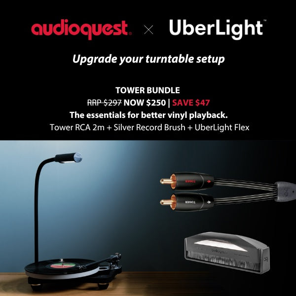 AudioQuest x UberLight Tower Bundle: Tower RCA 2m, Silver Record Brush and UberLight Flex. RRP $297, now $250, save $47.